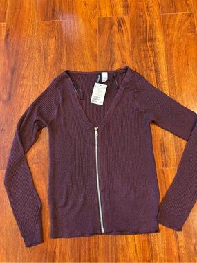 Women’s Zip-Front Ribbed Sweater Cardigan - Deep Plum